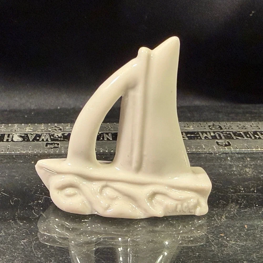 Vintage White Ceramic Miniature Sailboat Figurine Glossy Glazed Nautical Decor